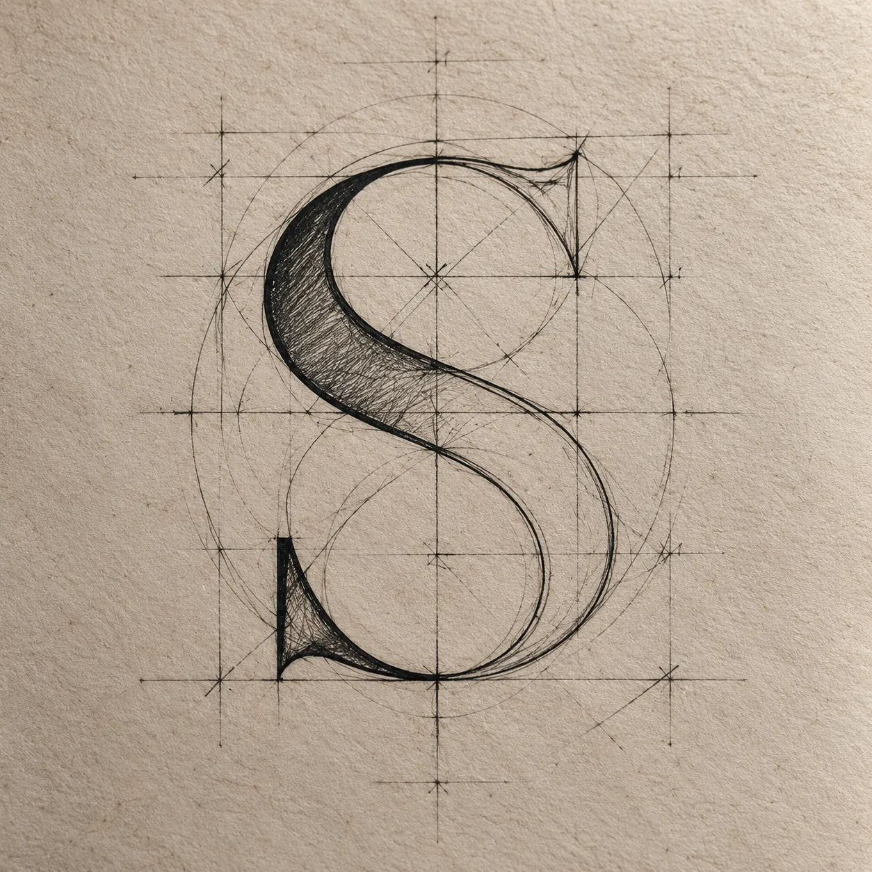Hand-drafted construction drawing of the Stromberg S monogram